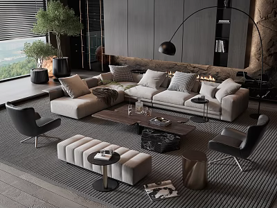 Elegant Modern Sofa Coffee Table Set Living Room Interior With Pillows Floor Lamp Ottoman 3d model