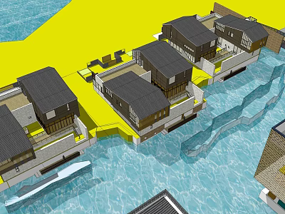 Waterfront Commercial Street With Traditional Buildings Over Scenic Water Channels 3d model