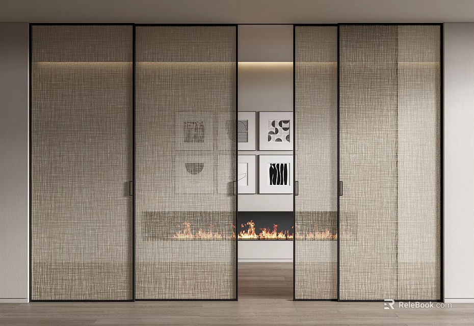 Modern Living Room Interior Design With Woven Sliding Doors And Fireplace Artworks 3d model 