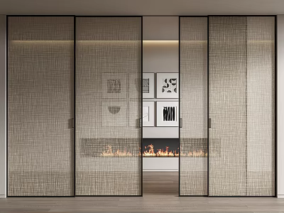 Modern Living Room Interior Design With Woven Sliding Doors And Fireplace Artworks 3d model