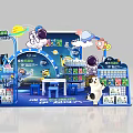 Colorful Children's Toy Booth With Cartoon Characters Blue Shelves And Balloons