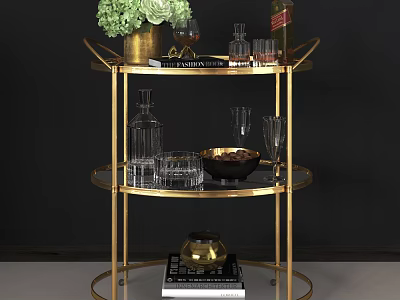 Elegant Three Tier Round Trolley With Gold Frame Glass Shelves Green Plant And Decorative Items 3d model