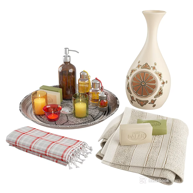 Stylish Bathroom Accessories Set Including Soap Towels Scented Candles Tray And Decorative Bottle 3d model 