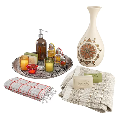 Stylish Bathroom Accessories Set Including Soap Towels Scented Candles Tray And Decorative Bottle 3d model