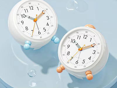 White Alarm Clocks Featuring Blue And Orange Details On Light Blue Background With Bubbles 3d model