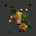 Fresh Tropical Pineapple Smoothie With Flying Chunks And Berries Around Two Pineapples