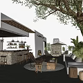 Modern Outdoor Café With Stone Bar Counter Stools Fireplace And Olive Tree