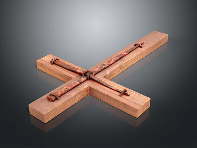 Wooden Cross Shaped Sculpture With Copper Metal Fasteners And Artistic Design 3d model