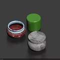 Decorative Ornament Set With Red Patterned Container Green Cylinder And Gray Textured Jar