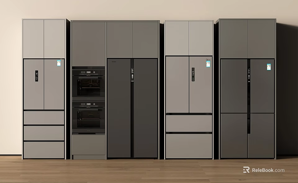 Various Modern Refrigerators And Freezers With Gray Silver Finishes On 3d model 