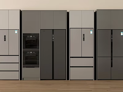 Various Modern Refrigerators And Freezers With Gray Silver Finishes On 3d model