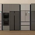 Various Modern Refrigerators And Freezers With Gray Silver Finishes On