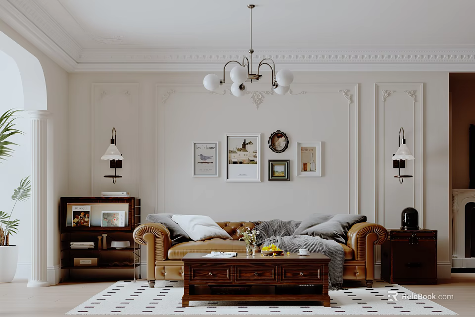 Vintage Living Dining Room Interior With Brown Leather Sofa Wooden Coffee Table And Wall Art 3d model 