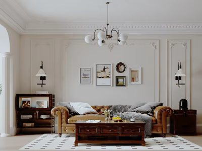 Vintage Living Dining Room Interior With Brown Leather Sofa Wooden Coffee Table And Wall Art 3d model