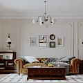 Vintage Living Dining Room Interior With Brown Leather Sofa Wooden Coffee Table And Wall Art