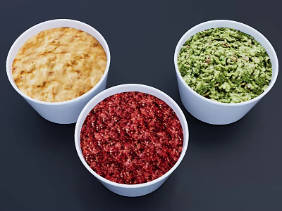 Three White Bowls of Colorful Food with Red Green and Yellow Textures 3d model