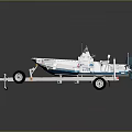 White Tracker Boat With Aluminum Trailer Blue Outboard Motor On Reflective Surface