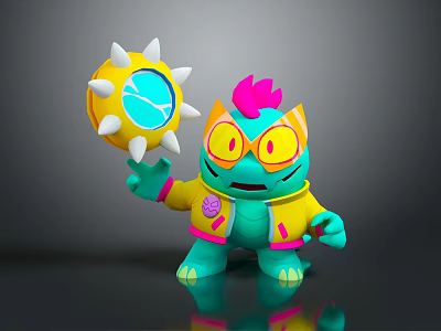 Vibrant Green Creature With Pink Hair In Yellow Jacket Holding Spiked Round Object 3d model