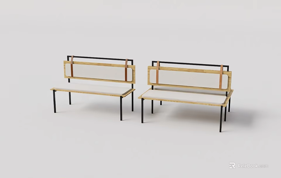 Two Modern Wooden Benches With Black Metal Legs And Minimalist Design 3d model 