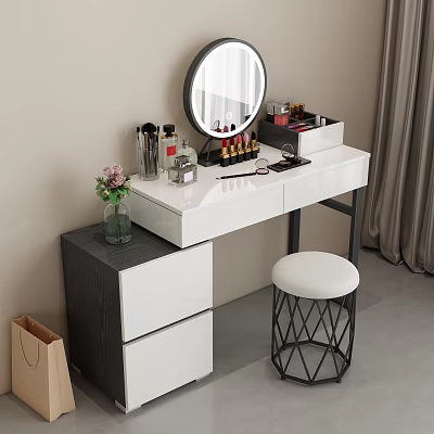White Dressing Table with Round Mirror Cosmetics Vase Dark Cabinets and Geometric Stool 3d model