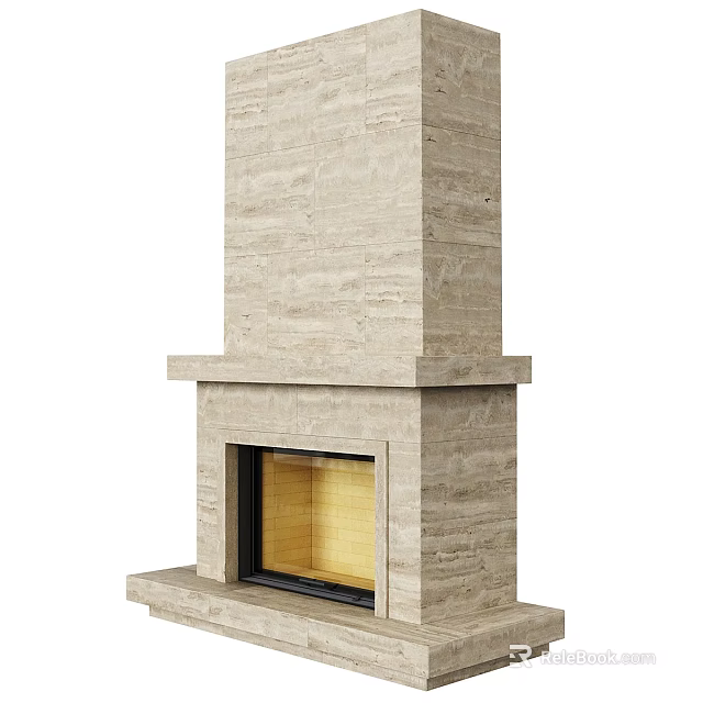Elegant Stone Fireplace Design With Vertical Texture And Wooden Log Insert 3d model