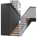 Modern Interior Staircase With Glass Railing Wooden Steps And Colored Side Walls