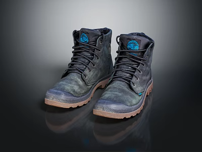 Dark Gray Lace Up Boots With Blue Logo And Brown Rubber Sole Design 3d model