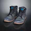 Dark Gray Lace Up Boots With Blue Logo And Brown Rubber Sole Design