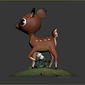 Cute Brown Fawn 3D Model Standing On Green Grass With Small Flower