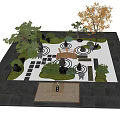 Japanese Zen Courtyard Garden with Circular Patterns Stone Lanterns Trees Shrubs and Stone Table