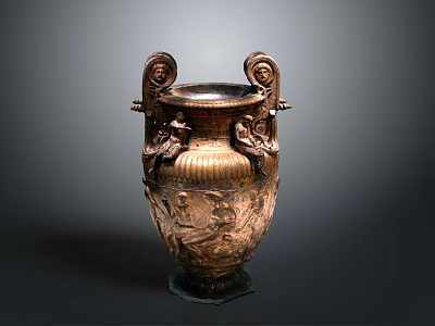 Ancient Carved Vase Sculpture With Symmetrical Handles And Relief Figures 3d model