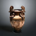 Ancient Carved Vase Sculpture With Symmetrical Handles And Relief Figures