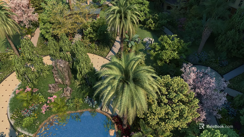 Residential Landscape With Lush Greenery Palm Trees Pond Pathway And Blooming Trees 3d model 