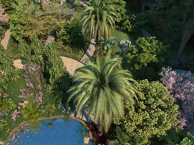 Residential Landscape With Lush Greenery Palm Trees Pond Pathway And Blooming Trees 3d model