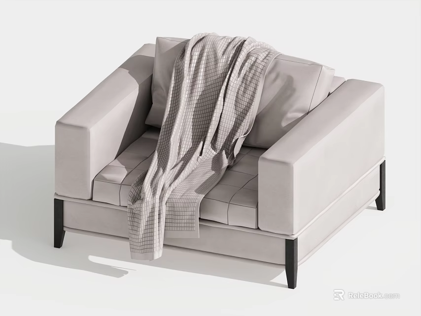 Modern Light Gray Single Sofa Featuring Black Legs Plaid Blanket And Soft Cushions 3d model 