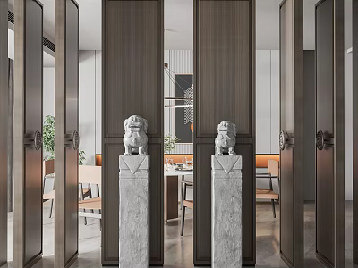 Modern Interior Wooden Partition With Stone Lion Statues On Marble Pillars And Dining Area 3d model