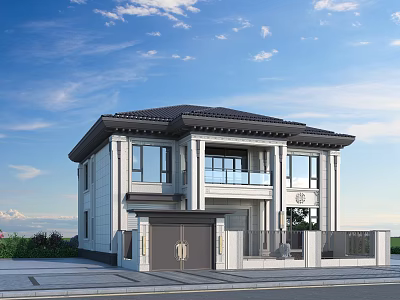 Single Family Villa Exterior With Traditional Black Roof White Walls Large Windows And Front Gate 3d model
