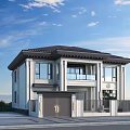 Single Family Villa Exterior With Traditional Black Roof White Walls Large Windows And Front Gate