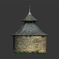 Round Stone Building Model With Gray Tile Roof Pointed Spire And Green Base Decoration