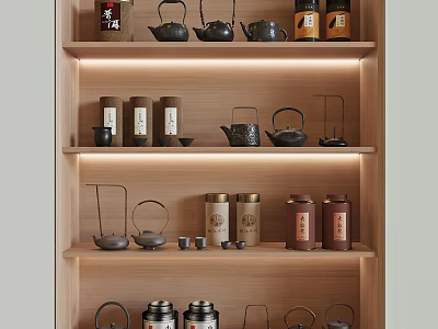 Traditional Chinese Tea Sets On Wooden Shelves With Teapots Teacups And Tea Canisters 3d model
