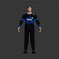 Man Wearing Tubecat Black Shirt Blue Sleeves Black Pants Green Shoes On Gray Background