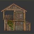 Two Story Wooden House With Red Tiled Roof Balcony And Vines On Walls