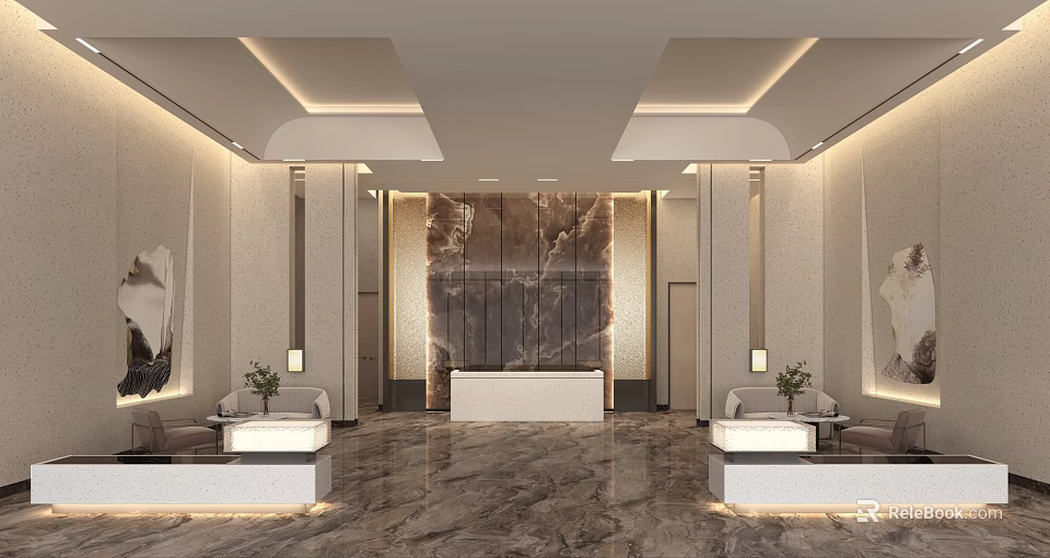 Hotel Lobby Interior with Marble Floor Feature Wall Reception Desk Sofas and Ceiling Lighting 3d model