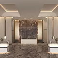 Hotel Lobby Interior with Marble Floor Feature Wall Reception Desk Sofas and Ceiling Lighting 3d model