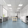 Spacious Public Office Area With White Ceiling Square Lights Window Blinds Printers And Blue Floor 3d model