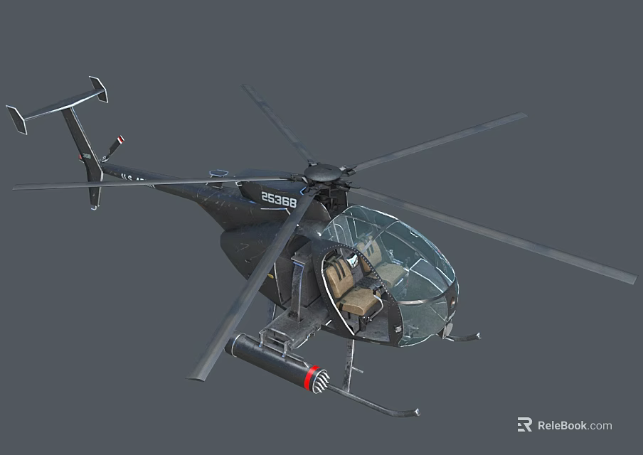 Black Helicopter with Transparent Cockpit Brown Seats and Red Mounted Equipment 3d model 