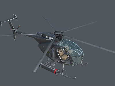 Black Helicopter with Transparent Cockpit Brown Seats and Red Mounted Equipment 3d model