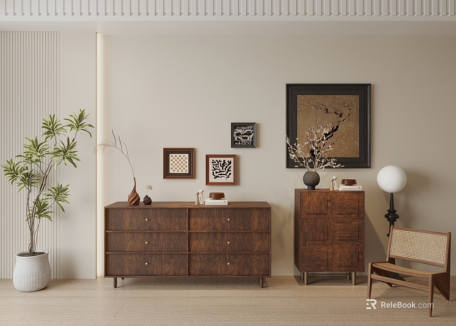 Wooden Entryway Cabinet And Sideboard With Framed Art Potted Plant And Wooden Chair 3d model 