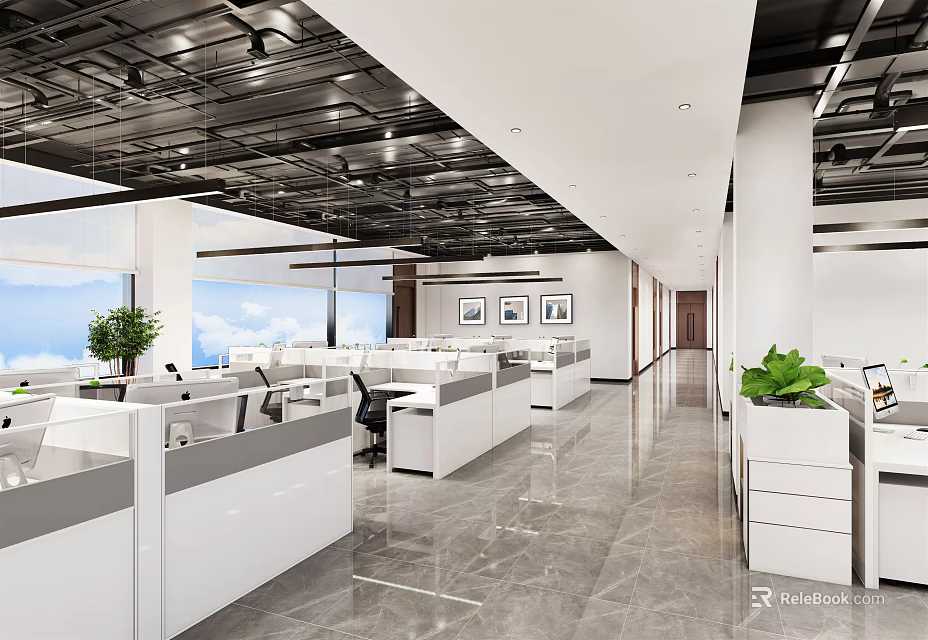 Modern Public Office Space Featuring Workstations Partitions Green Plants Large Windows And Ceiling Lighting 3d model