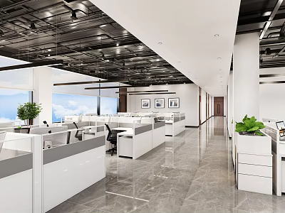 Modern Public Office Space Featuring Workstations Partitions Green Plants Large Windows And Ceiling Lighting 3d model